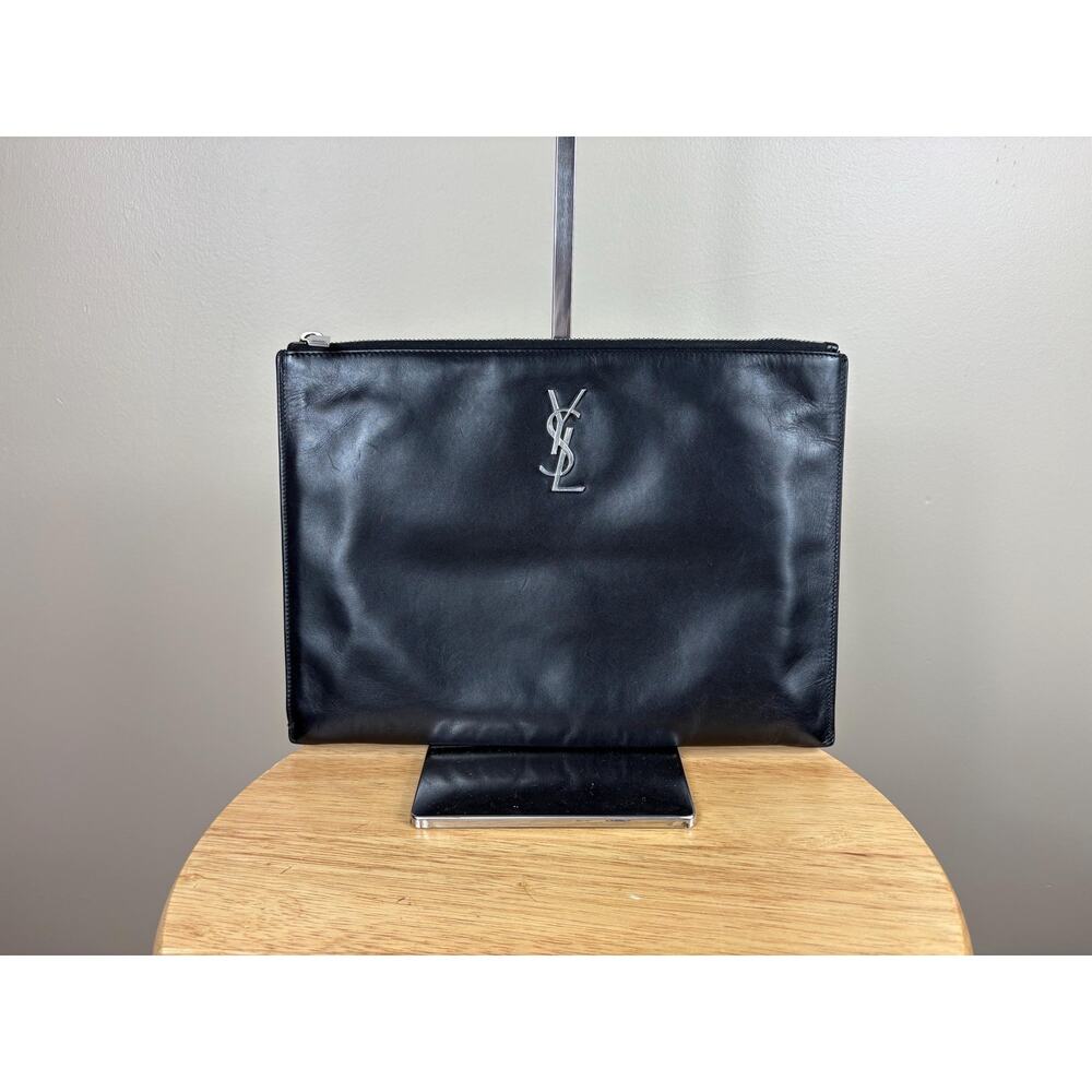 Authentic Saint Laurent YSL Black Leather Clutch w/ Silver Hardware